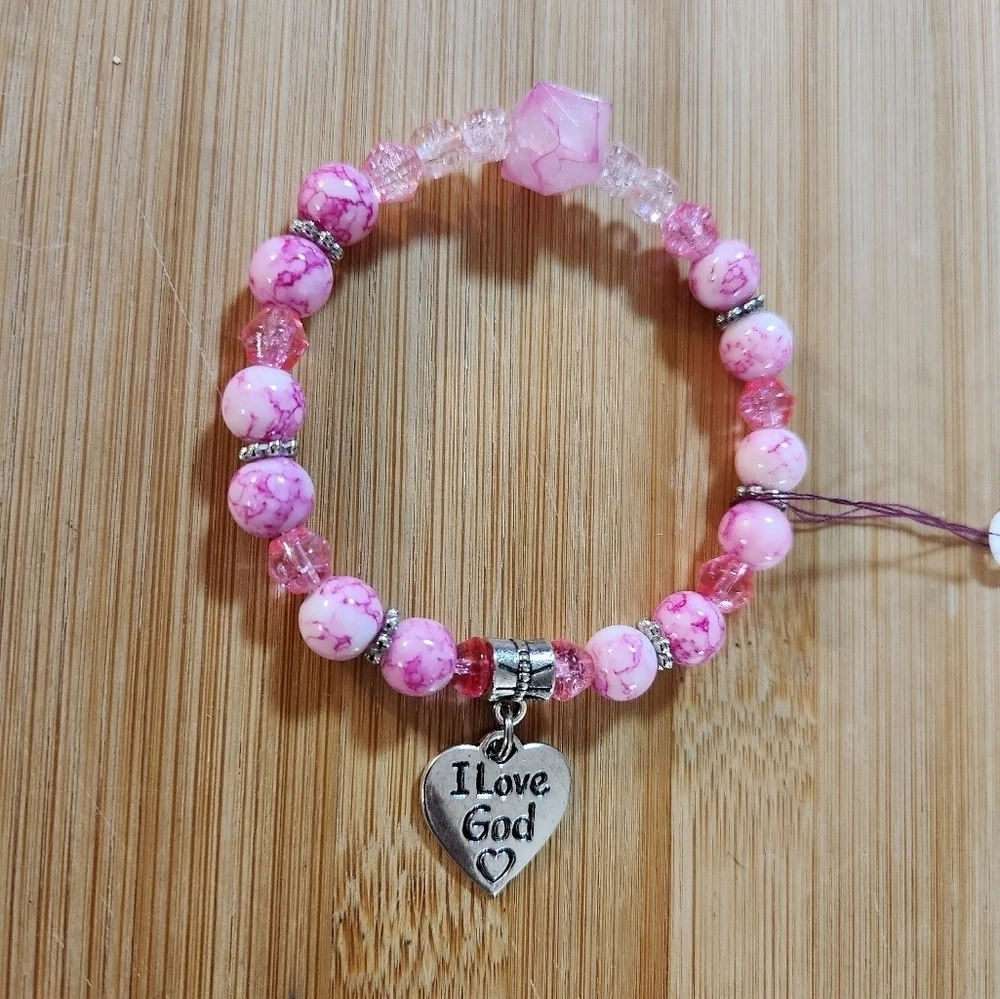 Hand Crafted Stretch Bracelet Pink Beads Silver I Love God Charm
